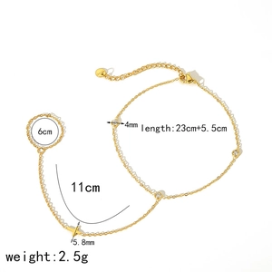 Gold titanium steel anklet with cubic zirconia and ring attachment, length 23cm plus 5.5cm
