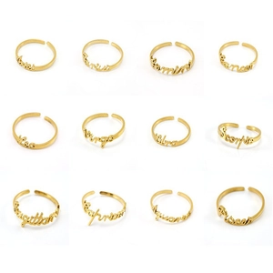 Adjustable 18K gold stainless steel 12 zodiac rings set featuring cursive script letters