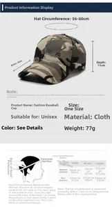 Tableau des tailles détaillé pour casquette camouflage avec mesures et guide de circonférence