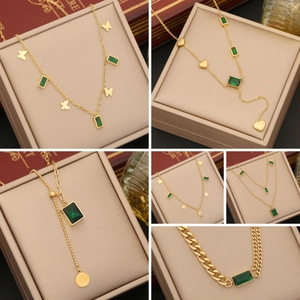 Emerald Green Square Gemstone Pendant Necklace Stainless Steel Gold Plated Clavicle Chain Fashion Jewelry Women