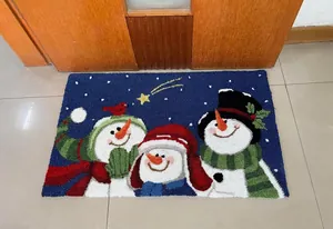 Close-up of plush Christmas snowman rug featuring thick tufted texture and festive patterns