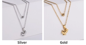 Detail of layered titanium steel necklace with silver and gold butterfly pendants