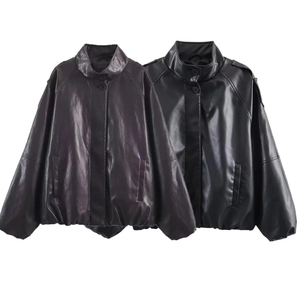 Side-by-side view of purple and black faux leather jackets with stand collars