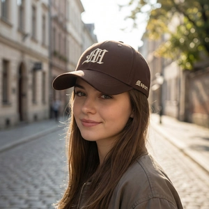 Outdoor lifestyle shot of a dark brown baseball cap with white MH gothic embroidery