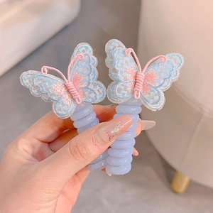 Coletero de cable de teléfono azul claro con lindo adorno de mariposa bordada para niñas