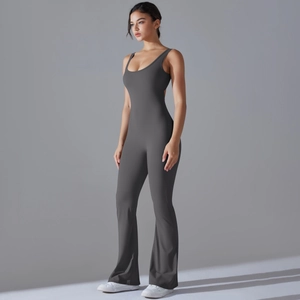Detail of dark grey backless yoga jumpsuit with flared pants for fitness and yoga