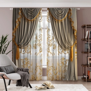 Elegant grey and gold floral window curtains with tassel trim and luxury baroque tulle set