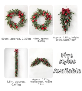 Size chart showing PE flocked Christmas wreaths and garlands with red bow and pine cones