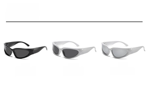 Three futuristic punk sunglasses in black and silver frames with cat-eye wrap design