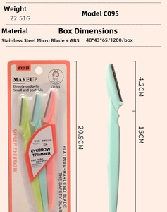 Detailed size specifications of the stainless steel eyebrow razor set with ABS handle