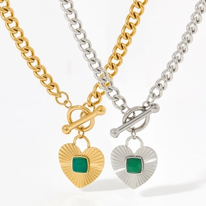 Herz Anhänger Halskette Edelstahl 14K Vergoldet Grüner Achat Knebelverschluss Panzerkette Retro Schmuck Für Frauen