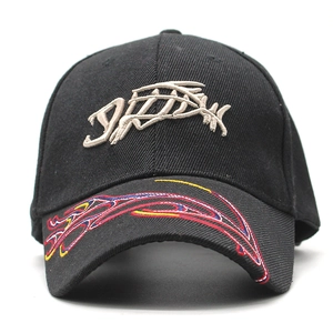 Black cotton baseball cap with 3D fish embroidery and colorful flame pattern on the brim