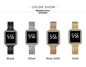 Detail view of LED digital watches in black, silver, rose gold and gold finishes