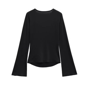 Women's casual black round neck long sleeve t-shirt with elegant flared bell sleeves