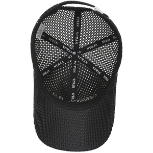 Internal view of black mesh baseball cap showing breathable holes and seam tape details