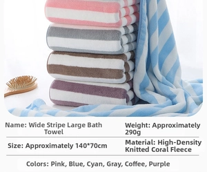 Detailed spec chart of 140x70cm coral fleece bath towels with soft striped texture