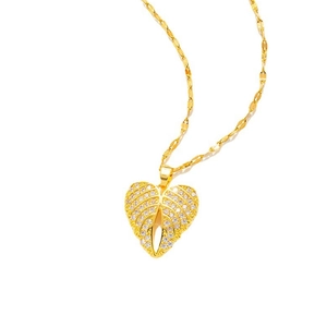 Golden angel wing pendant necklace with sparkling rhinestones on a white background