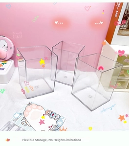 Detailed view of three clear acrylic rectangle desk organizers for stationery storage