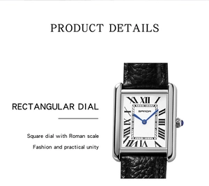 Detail of rectangular quartz watch with silver steel case and black leather strap