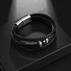 Men's multilayer black braided leather bracelet with silver magnetic metal clasp