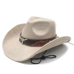 Cappello da cowboy beige in finto scamosciato con emblema longhorn e cinturino in pelle