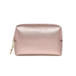 Waterproof rose gold PU makeup bag with textured crosshatch pattern and metallic zipper