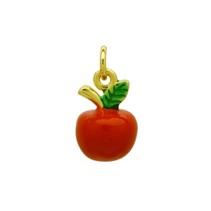 Detailed view of a red enamel apple pendant with green leaf in golden finish