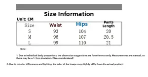 Detailed size chart for low-waisted camo cargo shorts with specific measurements