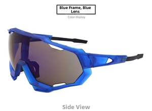 Side view of blue cycling sunglasses with aerodynamic frame and blue tinted lens