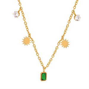 Gold titanium steel necklace with green rectangle gemstone and zircon sunburst pendants
