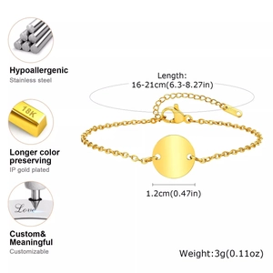 Detail showing dimensions and 18K gold plated stainless steel disc bracelet specs