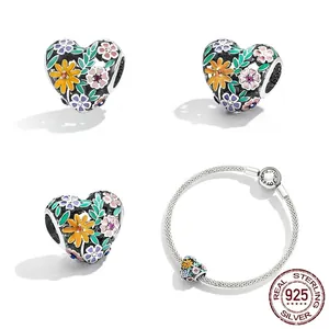 S925 sterling silver mesh bracelet with floral enamel heart charm and Forever Love clasp