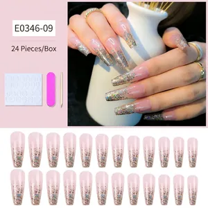 Détails de 24 faux ongles ballerine longs avec dégradé rose et paillettes dorées