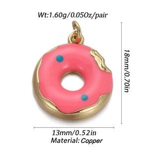 Pink donut pendant size 18x13mm and 1.6g weight details in copper gold finish