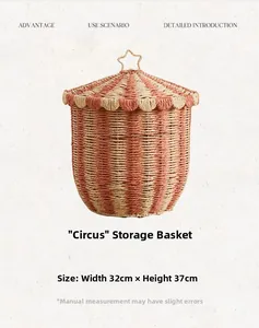Detail of red and white striped circus storage basket with star handle top, 32x37cm