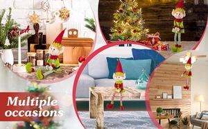 Christmas elf plush decor with long striped legs displayed in various home settings