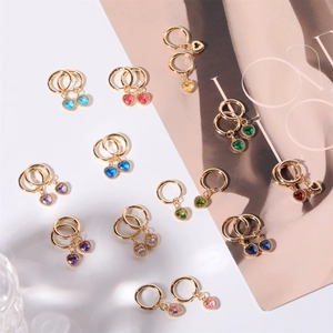 Fashionable heart-shaped birthstone earrings with colorful zircons and golden hoops