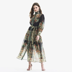Retro paisley print long sleeve lantern cuff dress with waist tie and ruffled hem