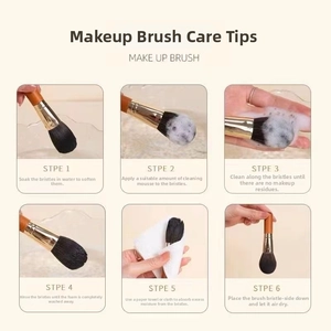 Detail showing the six steps for cleaning a wooden handle makeup brush correctly