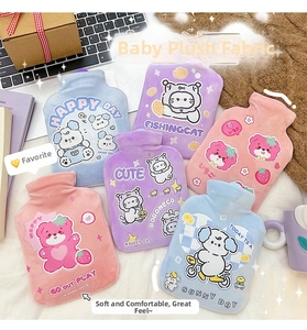 Detailed view of colorful plush hot water bottles with cute animal embroidery covers
