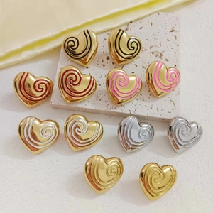 Heart Stud Earrings Stainless Steel 18K Gold Plated Enamel Spiral Pattern Minimalist Vintage INS Style Jewelry For Women