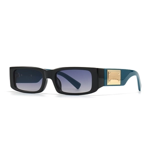 Modern rectangular sunglasses with black frames, purple gradient lenses and gold metal accents