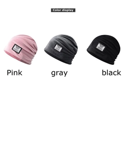 Detailed color options of chenille knit beanies in soft pink, gray, and black colors