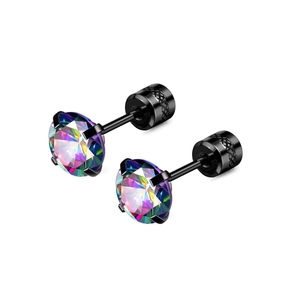 Détail de boucles d'oreilles noires avec zircons arc-en-ciel et fermoir à vis sécurisé