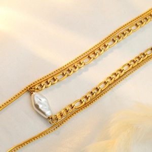Elegant 18k gold plated titanium double layer necklace with baroque pearl heart pendant