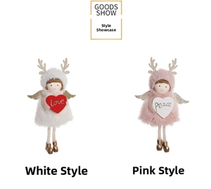 Detail of plush angel ornaments with deer antlers, wings, and love peace hearts