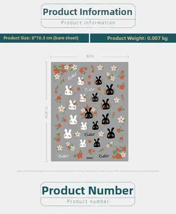 Detailed sheet of 5D thin nail stickers with black and white rabbit and floral motifs