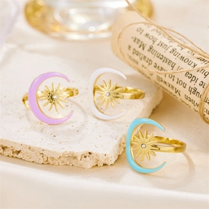 Star Moon Ring Stainless Steel Zircon Enamel Celestial Adjustable Open Band Retro Bohemian Fashion Jewelry For Women