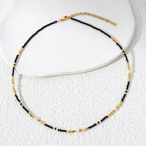 Black Spinel Beaded Necklace Stainless Steel Brass Gold Plated Tiny Artificial Pearl Clavicle Chain For Women Minimalist Jewelry