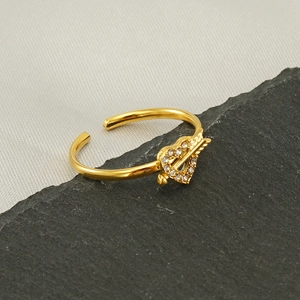 18k gold plated stainless steel arrow heart open ring with white zircon stones